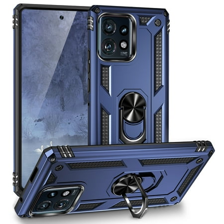 TJS for Motorola Moto Edge Plus 2023 Phone Case, Impact Resistant Metal Ring Magnetic Support Kickstand Drop Protector Cover for Moto Edge Plus 2023 (Blue)