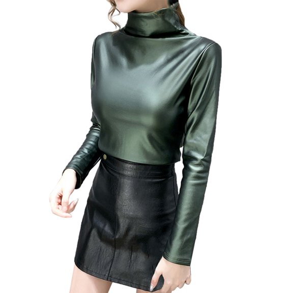 MIASHUI Autumn Winter Lined Thick Leather High Neck Thermal Underwear Top Base Layer Long Sleeve Shirt Small Blouse Green,M