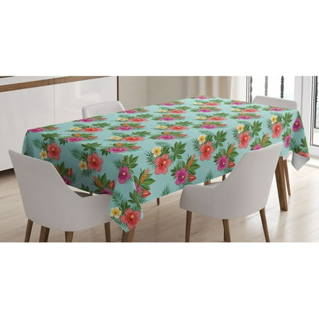 

Hawaii Tablecloth Blossoming Hibiscus Flower with Fern Foliage Grunge Effect Retro Nature Pattern Rectangle Satin Table Cover Accent for Dining Room and Kitchen 60 X 84 Multicolor by Ambesonne