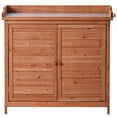 thumbnail image 7 of Outdoor Potting Bench, 39" Rustic Garden Console Table with 2-Tier Shelves and Side Hook, Wooden Workstation with Metal Tabletop Surface and 2 Doors for Park, Mudroom, Backyard, Orange, 7 of 7