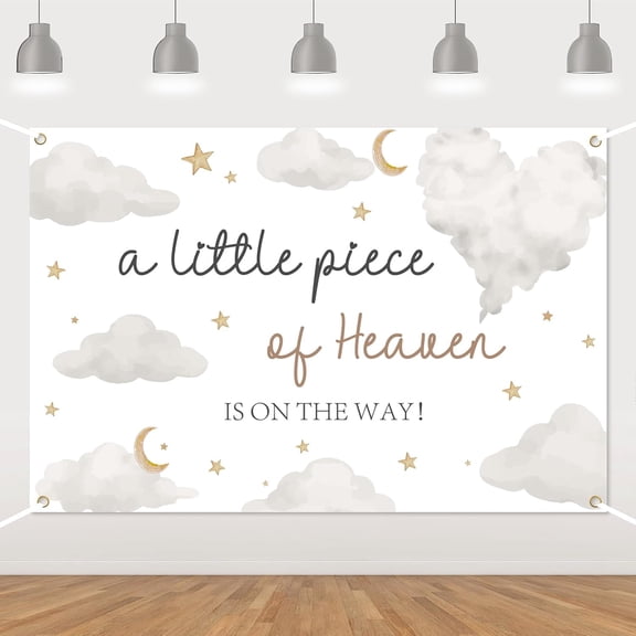 7x5FT Heaven Baby Shower Backdrop A Little Piece of Heaven Photography Background White Cloud Golden Star Moons Baby Shower Party Decorations Banner Supplies Photo Booth Props