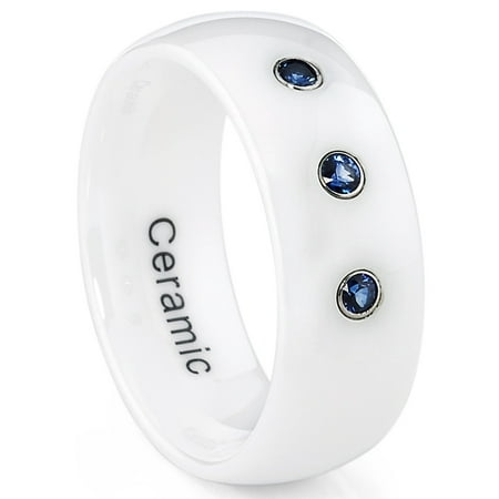 - White Ceramic Dome Men's Wedding Band Ring with Blue Sapphire Stones, 8mm