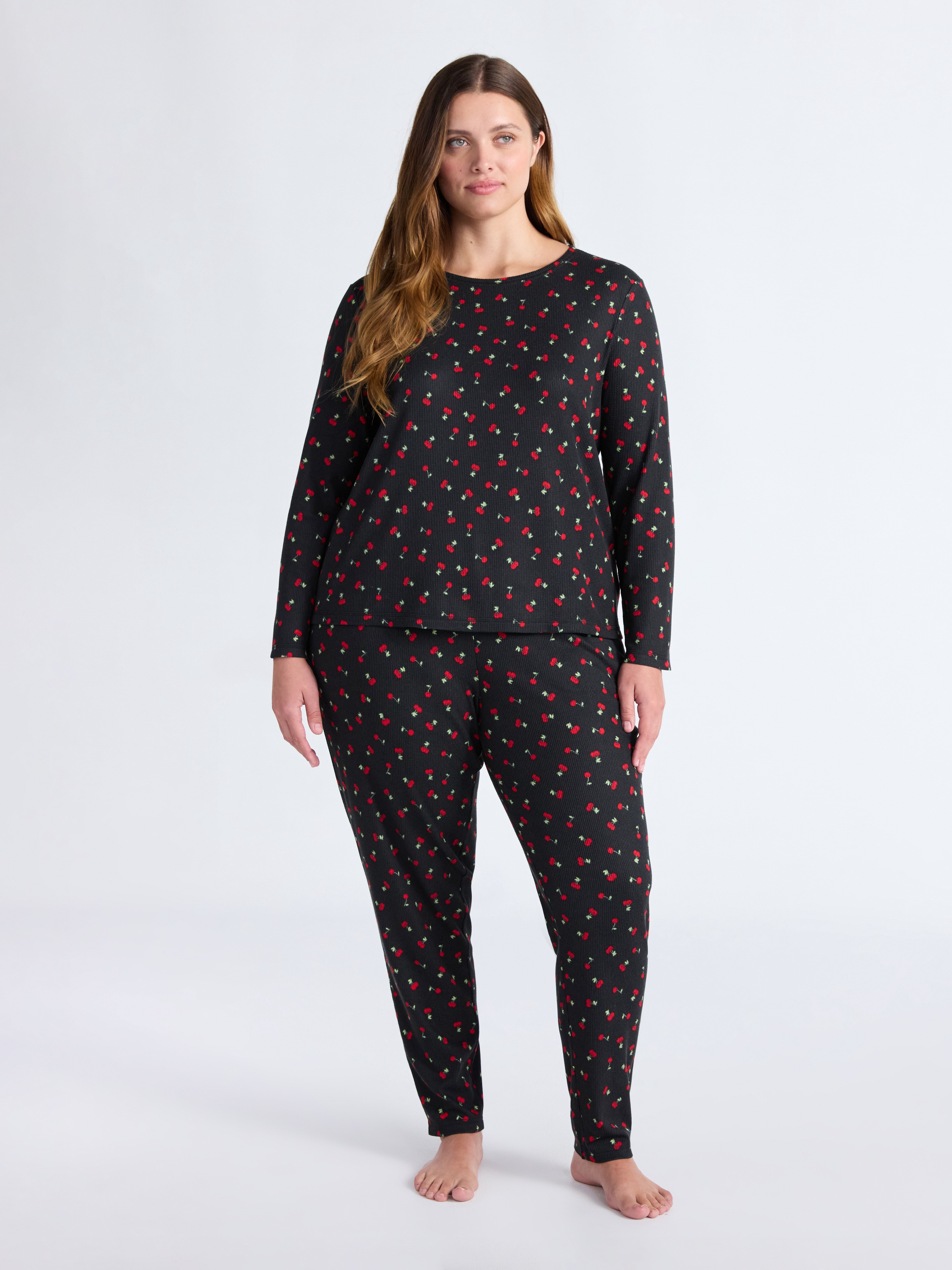 Joyspun Women's Waffle Knit Long Sleeve Top and Joggers Pajama Set, 2-Piece, Sizes S-3X