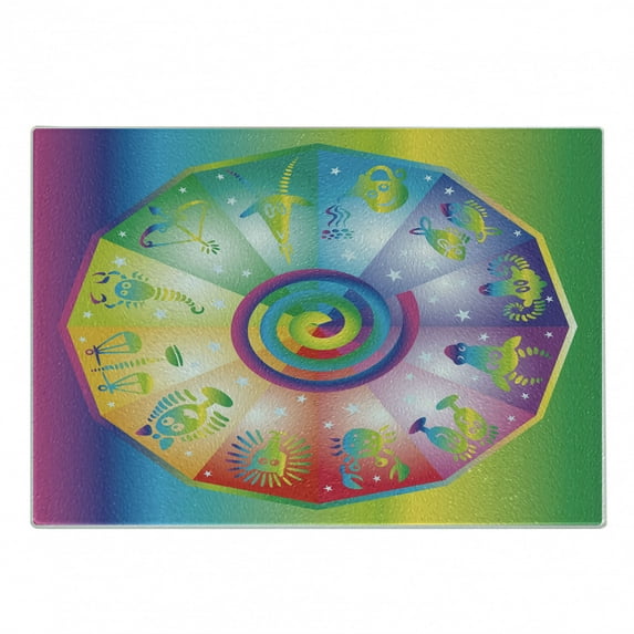 Astrology Cutting Board, Hippie Style Rainbow Colored Stars Backdrop with Horoscope Signs Image, Decorative Tempered Glass Cutting and Serving Board, Small Size, Multicolor, by Ambesonne