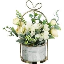 Artificial Flowers Hydrangea with Ceramic Vase Silk Chrysanthemum Mini Potted Fake Flowers Hanging Potted Plants for Wedding Home Office Decoration Pack of One (White)