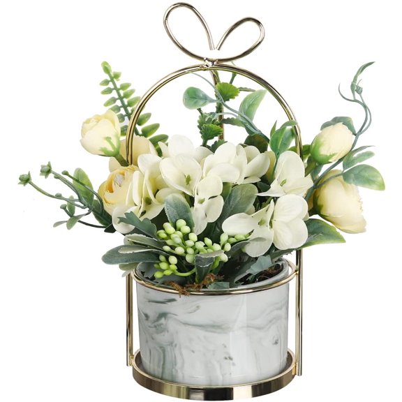 Artificial Flowers Hydrangea with Ceramic Vase Silk Chrysanthemum Mini Potted Fake Flowers Hanging Potted Plants for Wedding Home Office Decoration Pack of One (White)