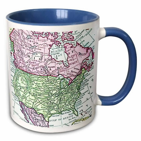 3dRose Vintage map of North America - USA Canada Mexico - faded look geography travel maps pink green - Two Tone Blue Mug,
