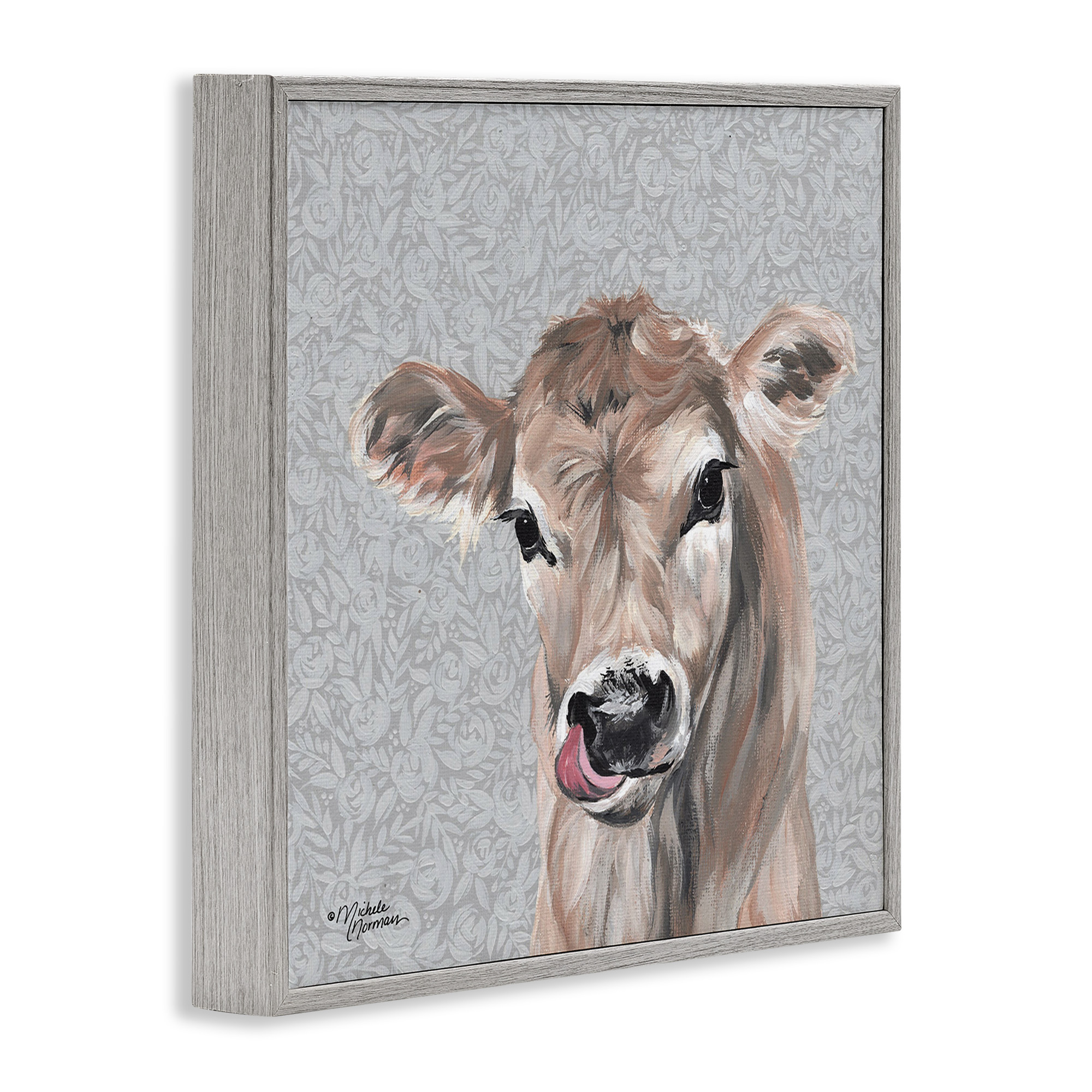 Stupell Industries Young Calf Portrait on Floral Animals & Insects Painting Gray Framed Art Print Wall Art, 24 x 24