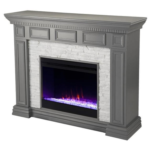 Pemberly Row Wood-Faux Stone Color Changing Fireplace in Gray