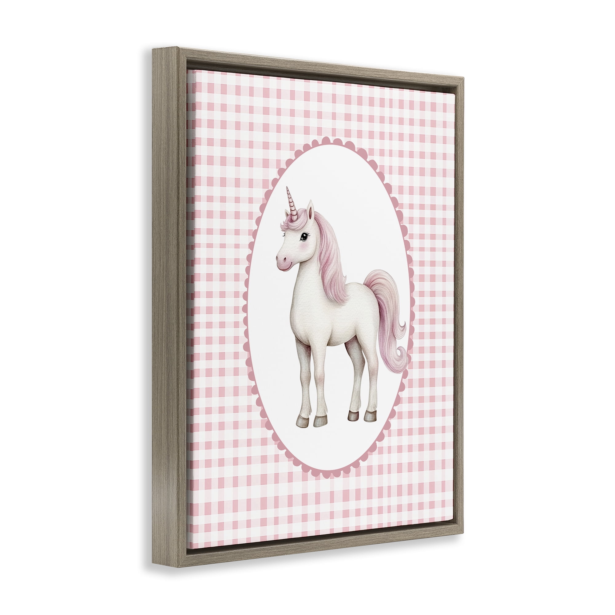 Stupell Industries Pink Gingham Unicorn Brown Framed Floater Canvas Wall Art, design by Christine Simpson Art