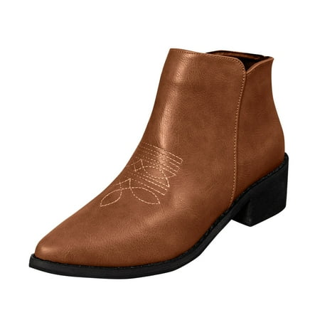 GHSOHS Boots for Women Pull on Comfort Boots Ankle Booties Shoes Brown Shoes Women Fashion Leather Side Zipper Ankle Boots Embroidered Low Heel Pointed Ankle Boots Western Cowgirl Boots Size 39