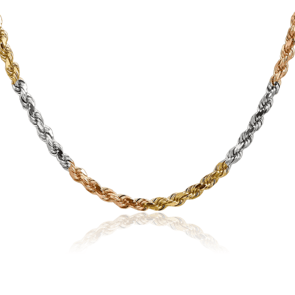 14K Solid Tri Color Pink White Yellow Gold 4mm Rope Chain Twisted Link Necklace