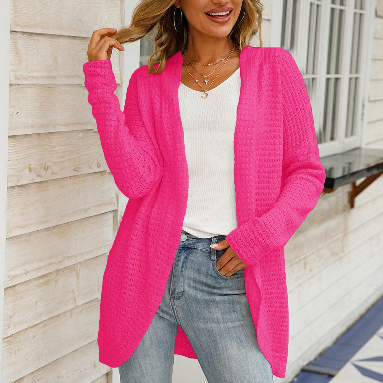 CAICJ98 Womens Tops Women's Open Front Hooded Cardigan Long Sleeve Casual  Knit Sweater Coat with Pockets Hot Pink,L 