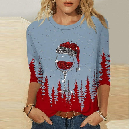 

Muscularfit 3/4 Sleeve Tops for Women Christmas Blue Tunic Wine Glass Comfortable Loose Tops