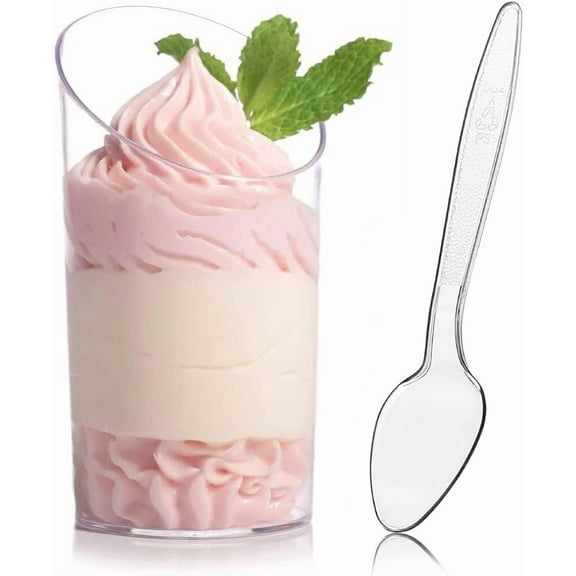 25 Pack Mini Dessert Cups with Spoons, 2.2 oz Plastic Small Dessert Shotter Cups Slanted Appetizer Cups for Serving Mousse Pudding Triffle