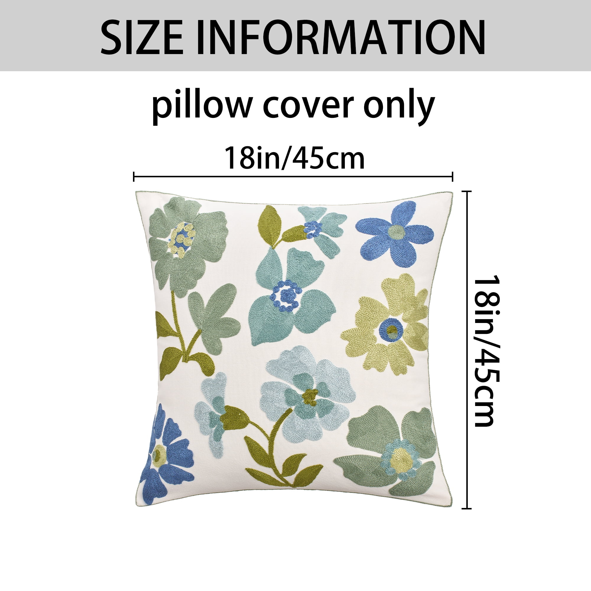 Unique Bargains Set of 2 Floral Embroidery Cotton Canvas Pillow Cover Blue Green