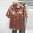 thumbnail image 4 of Satin Short Sleeve Shirt for Women Button down Lapel Collar Tops Summer Comfy Blouses with Pockets, 4 of 8