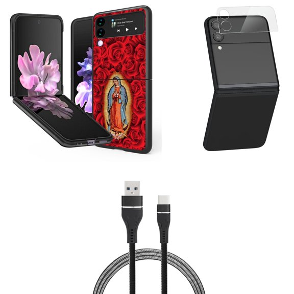 Bemz Premium Bundle for Samsung Galaxy Z Flip 3 5G: Slim Snap-On Protector Case (Virgin Mary), Rear Camera Glass Protector, Nylon Braided USB-C to USB-A Cable (3 Feet)