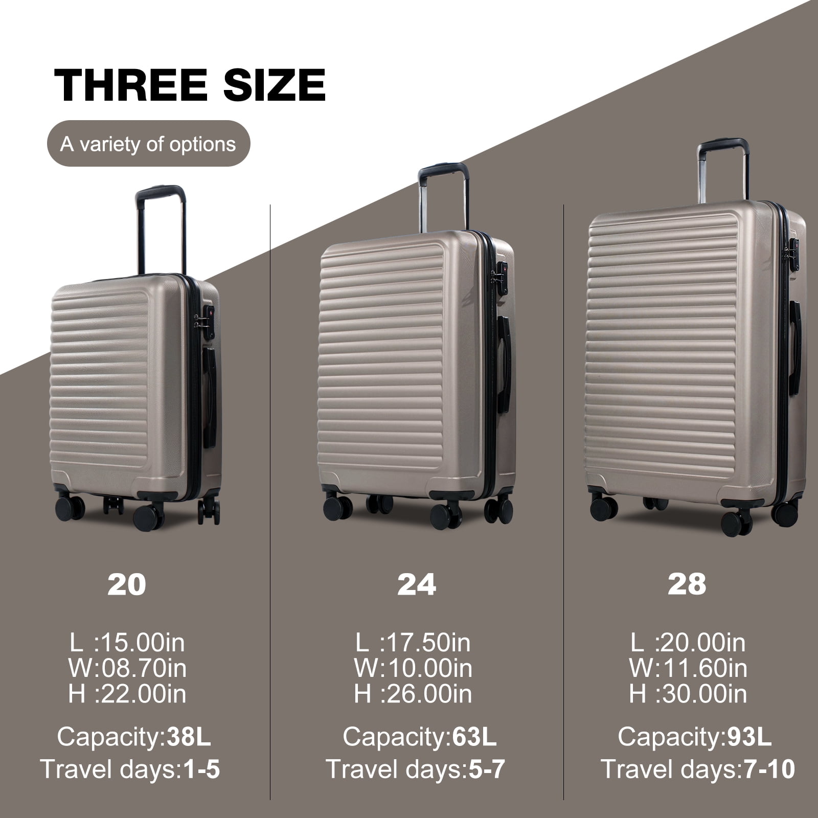 Travelhouse 3 Piece Hardside Luggage Set Hardshell Lightweight Suitcase with TSA Lock Spinner Wheels 20in24in28in.(Gold)