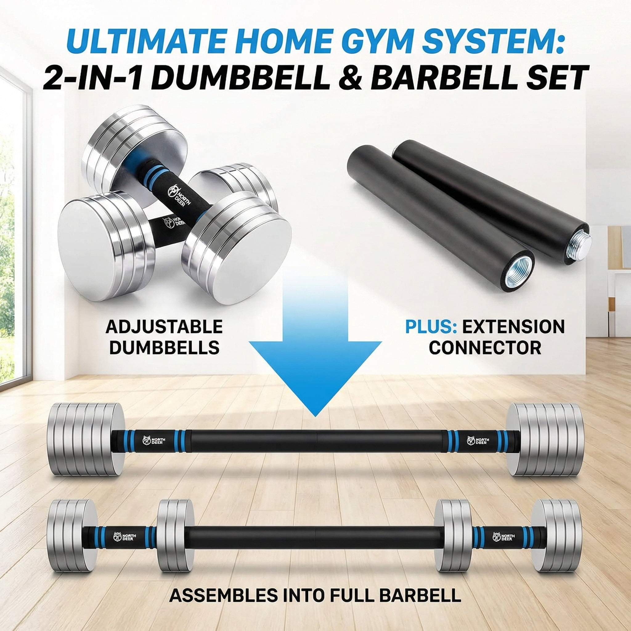 Northdeer 2.0 Upgraded Adjustable Dumbbell Set, 60Lbs Adjustable Weight Set with Connector, 2 in 1 Steel Dumbbell Barbell Set Home Gym