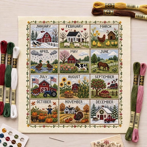 MUTRAIN 12 Month Cross Stitch Kit, Four Seasons Embroidery, Linen Craft for Adults Beginners, Monthly Patterns Wall Decor