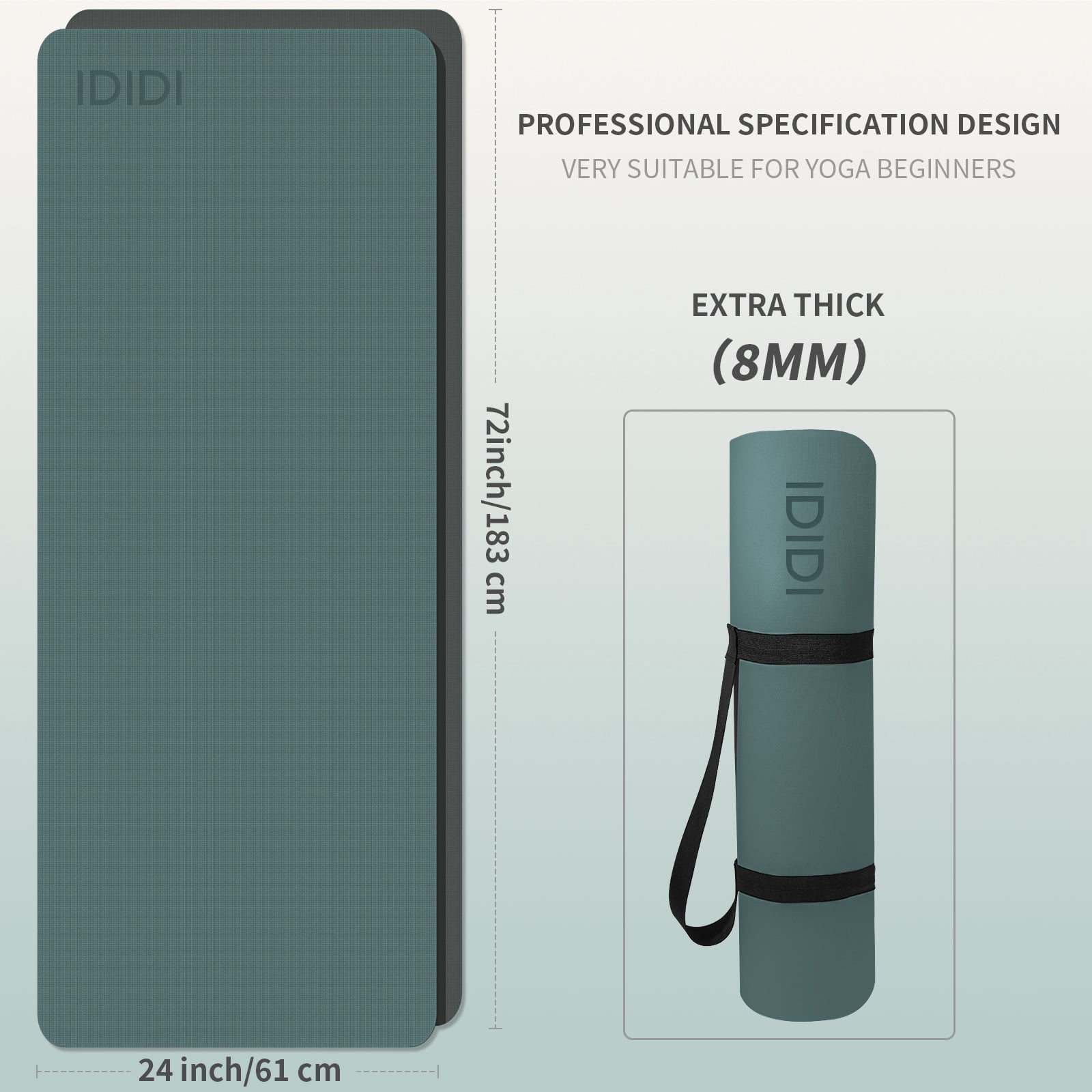 IDIDI Portable Yoga Mat – Travel-Friendly with Strap, 1/3 Inch Thick & Non-Slip – for Home Gym, Workout & Hot Yoga – Exercise Mat for Men, Women & Kids(183x61x0.8cm)(Deep Green+Gray)