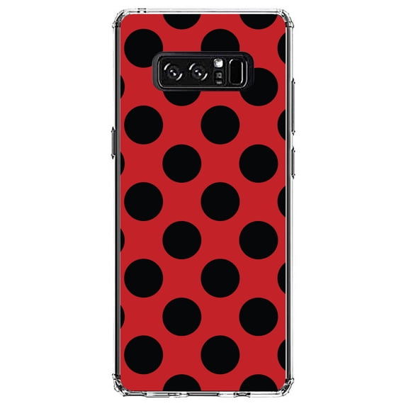 DistinctInk Clear Shockproof Hybrid Case for Samsung Galaxy Note 8 - TPU Bumper, Acrylic Back, Tempered Glass Screen Protector - Black & Red Polka Dots