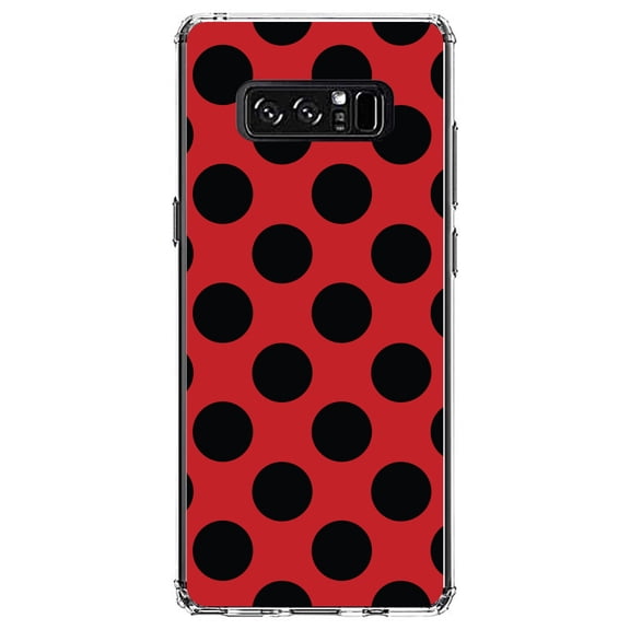 DistinctInk Clear Shockproof Hybrid Case for Samsung Galaxy Note 8 - TPU Bumper, Acrylic Back, Tempered Glass Screen Protector - Black & Red Polka Dots