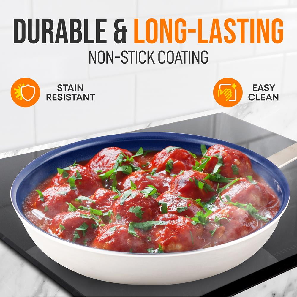 NutriChef 8" Small Skillet Nonstick Frying Pan W/ Lid, Blue Silicone Handle, Ceramic Coating