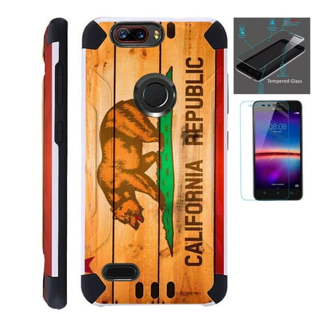 For ZTE Blade Z Max (Metro PCS) / ZTE ZMax Pro 2 / ZTE Grand X Max 4 / ZTE Sequoia Case + Tempered Glass Slim Dual Layer Brushed Texture Hybrid TPU KomBatGuard Phone Cover (California Flag