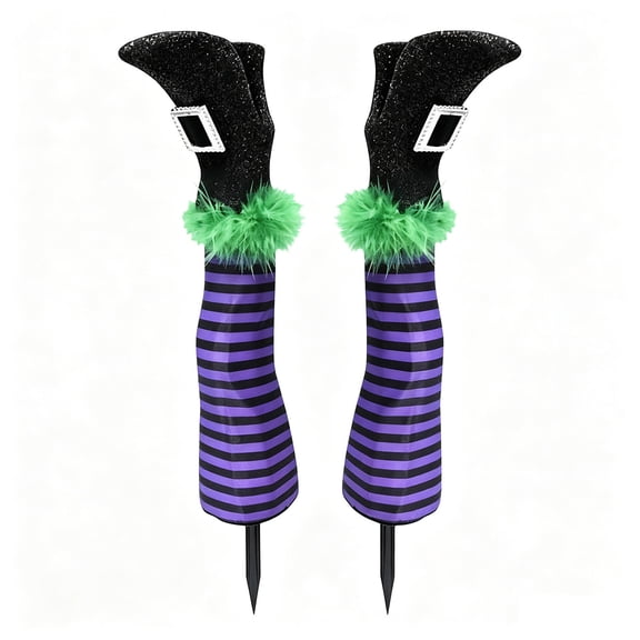 Halloween Fake Witch Legs Yard Stakes Glitter Shoes Purple Black Striped Stockings Outdoor Garden Decoration for Fall Yard Decor and Halloween Party Supplies