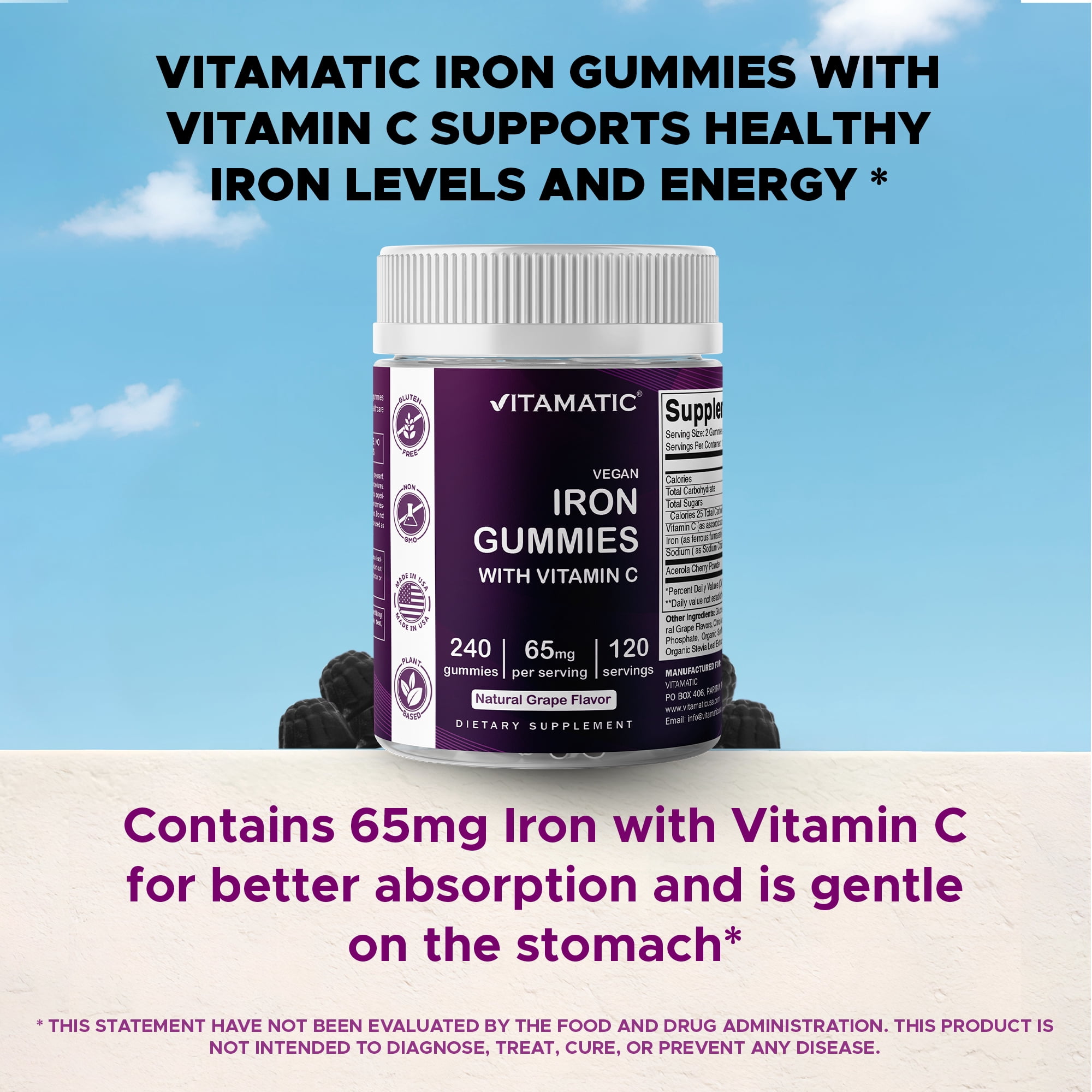 Vitamatic Iron 65 mg Gummies Supplement for Women & Men - 240 Vegan Gummies - Great Tasting Iron Gummy Vitamins with Vitamin C