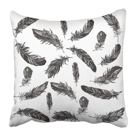 BOSDECO Flying Black and White Feather Pattern Beautiful Beauty Bird Drawing Elegance Light Pillowcase Pillow Cover 18x18 inch