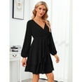 thumbnail image 3 of Womens Skater Dresses Sexy V Neck Short Sleeve Tie Waist Solid Ruffle Boho Flowy Swing Mini Dress, 3 of 5