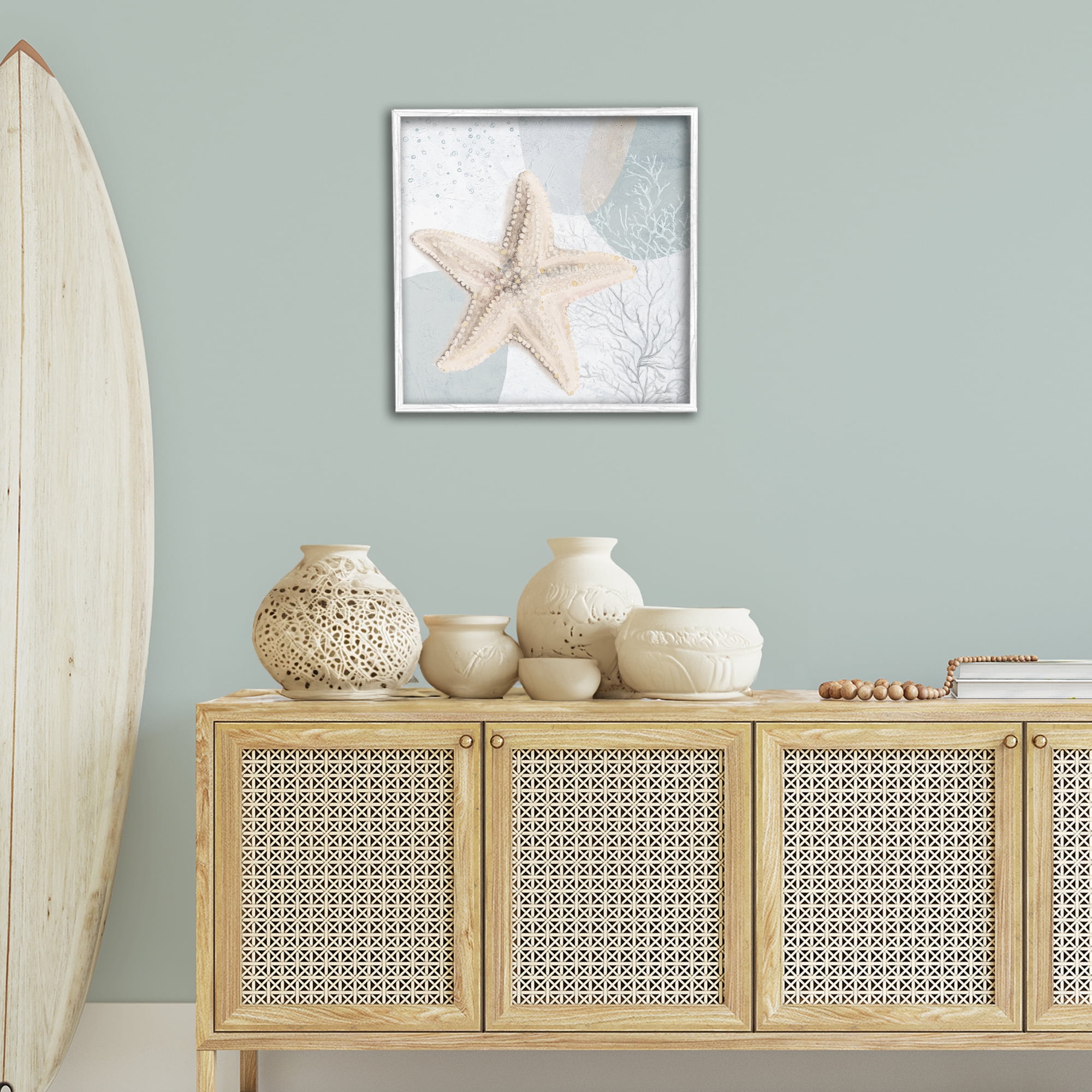 Stupell Industries Starfish over Circle Pattern Coastal Painting White Framed Art Print Wall Art, 24 x 24