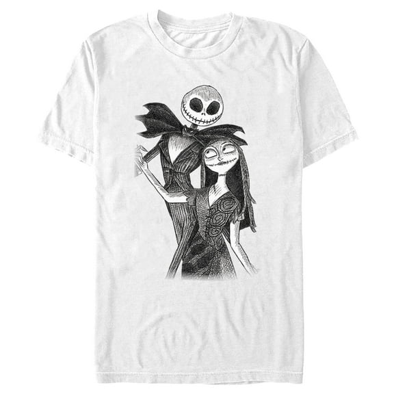 Men's The Nightmare Before Christmas Jack and Sally Black and White Dance Sketch Graphic Tee White Small