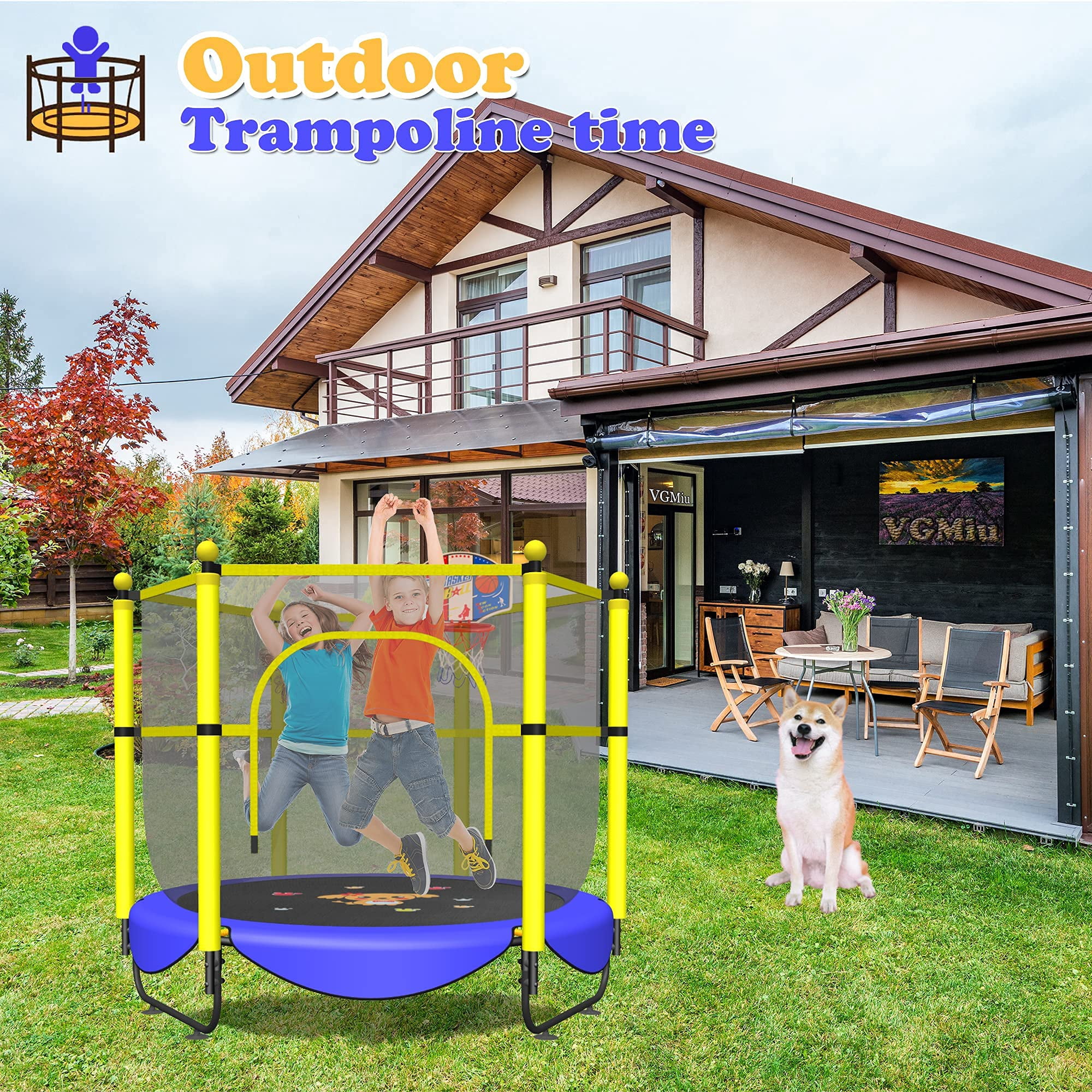 60" Trampoline for Kids, 5 FT Indoor & Outdoor Toddler Baby Trampoline with Basketball Hoop, Safety Enclosure, Birthday Gifts for Kids, Gifts for Boy and Girl, Age 3-8
