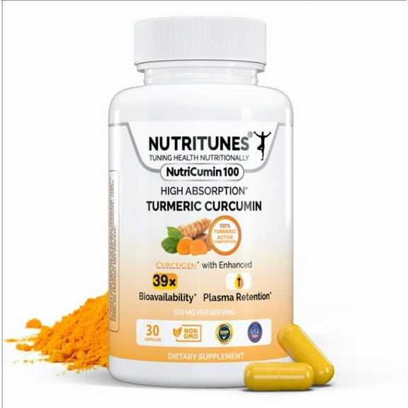 Turmeric Curcumin Supplement for Joint, Gut & Mood Support–39X Absorption – 100% Turmeric Matrix – Vegan, Non-GMO, Clean Label – 500mg – 30 NutriCumin 100 Capsules