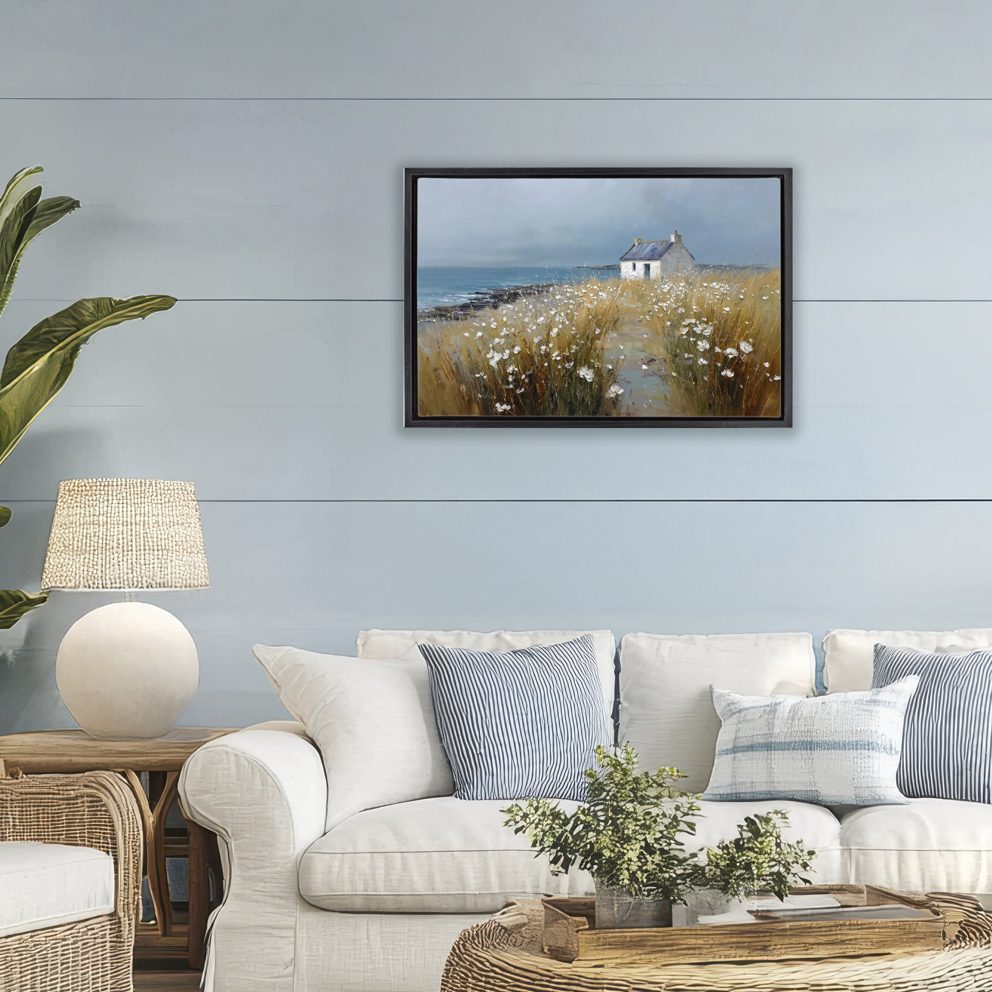 Stupell Industries Oceanfront Cottage Wildflowers Black Framed Floater Canvas Wall Art, design by Petal Prints Design