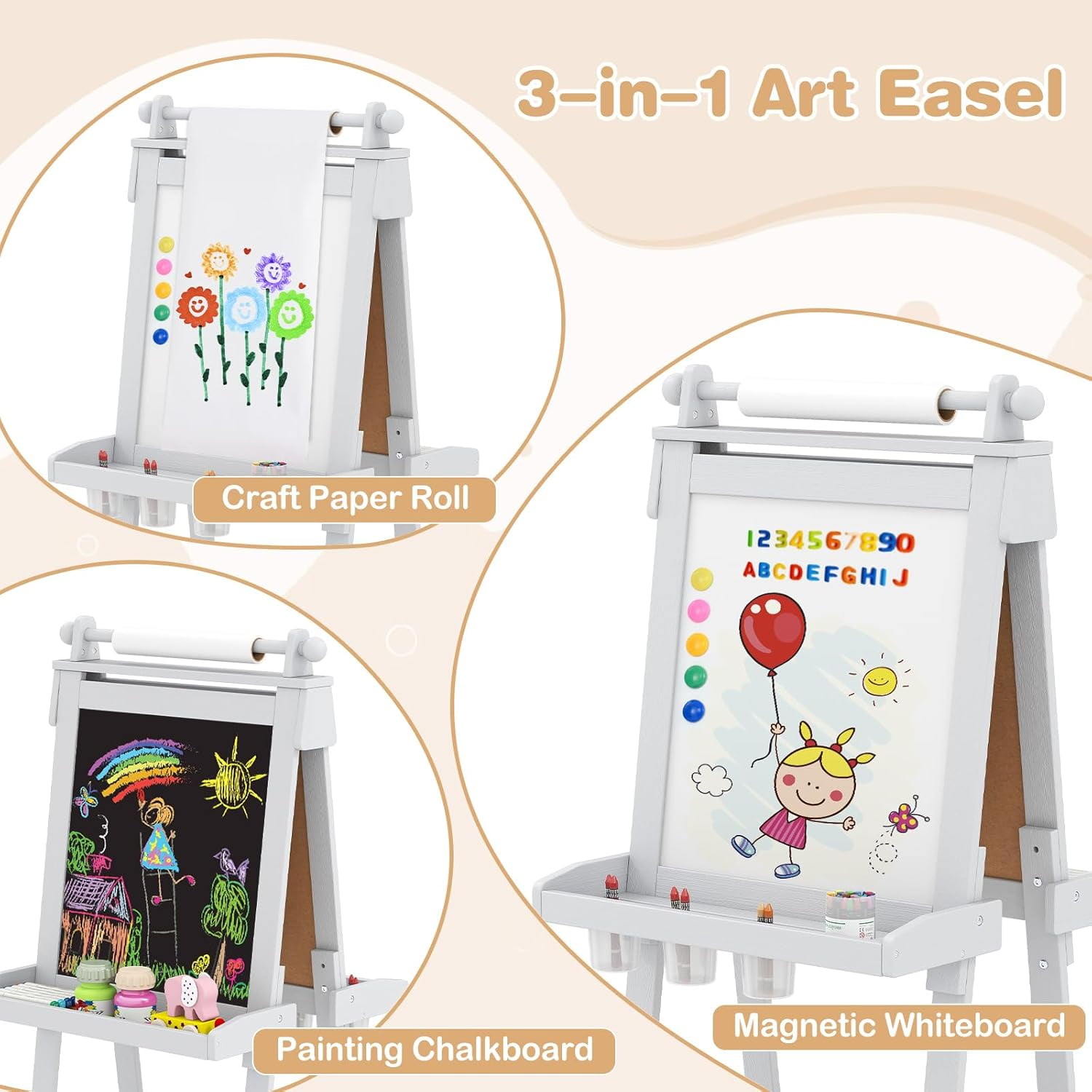 OLAKIDS Easel for Kids, 3 in 1 Adjustable Painting Art Board, Foldable Double-Sided Wooden Drawing Chalkboard Magnetic Whiteboard with Paper Roll, Storage Rack, Cups for Boy Girls