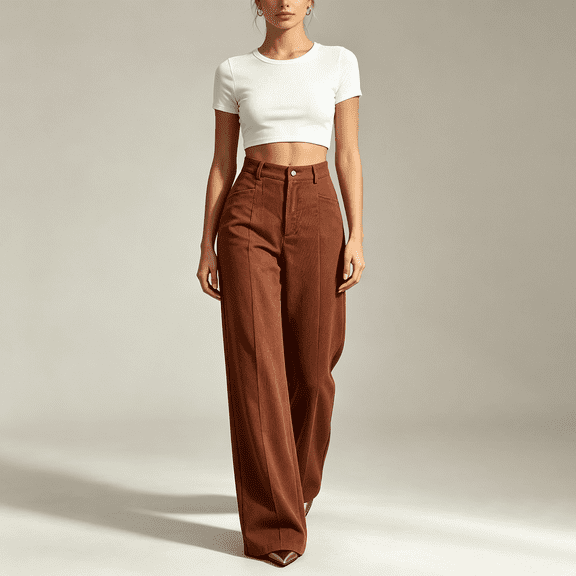 Womens Corduroy Straight Leg Pants, Elastic Back Waist Loose Casual Trousers with Pockets, Business Casual Office Work Daily Wear | VerBelle,Coffee L