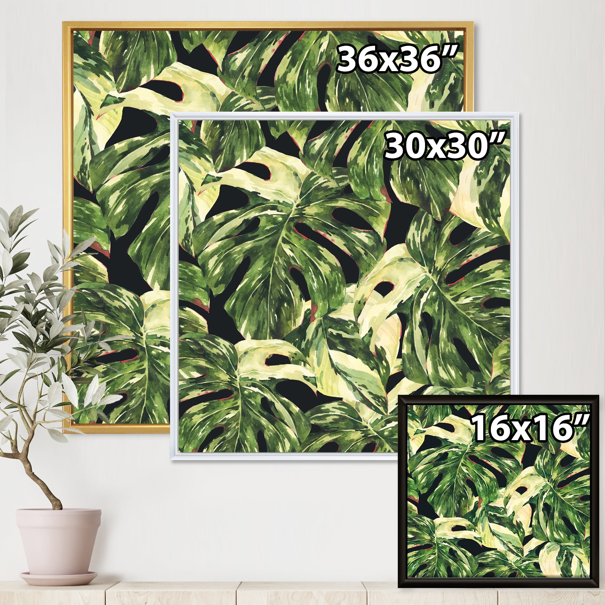 Natural Green Leaves Exotic On Dark II 16 in x 16 in Framed Painting Canvas Art Print, by Designart