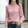 thumbnail image 4 of IUYRTFE Women's Stand Collar Ruffle Trim Blouse Long Sleeve Button Down Solid Color Office Work Shirt, 4 of 5