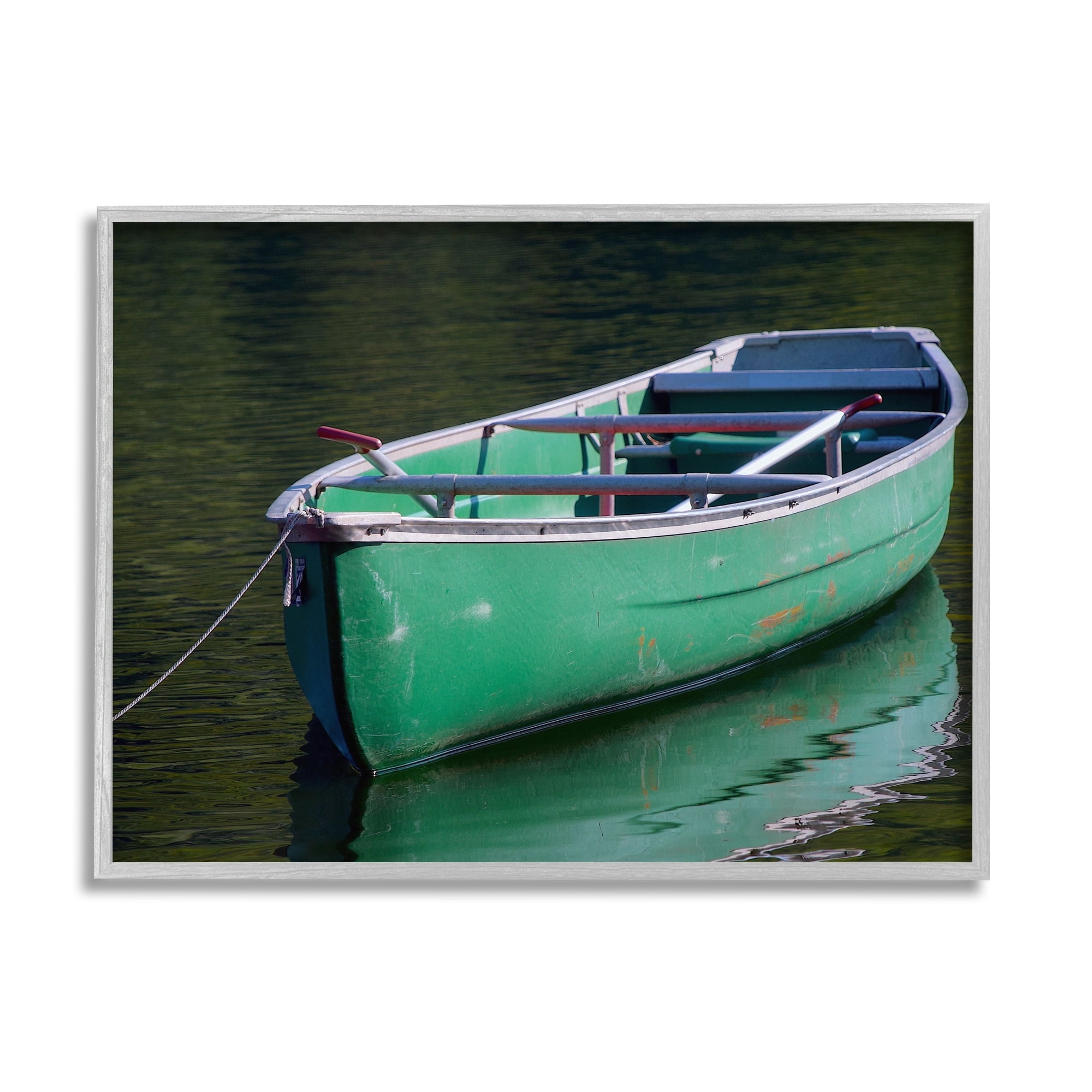 Stupell Industries Green Rowboat Canoe Floating Lake Dock Photography Photograph Gray Framed Art Print Wall Art, Design by Daphne Polselli
