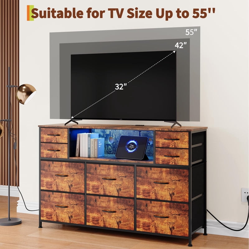 TROPOW 10 Fabric Drawers Dresser with LED Lights, Entertainment Center with Charging Station, Wood Top, Open Shelves, TV Stand for 40"-55" TV, Chest of Drawers for Bedroom Living Room Hallway