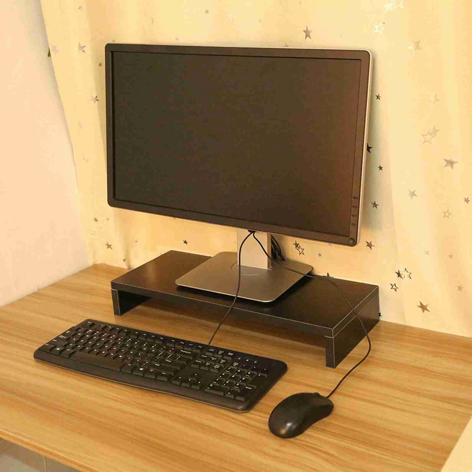 Yajisi Wooden Monitor Stand LED LCD Computer Riser Desktop Organizer Display Shelf Space Saving Design Ergonomic Viewing Height For Home Office Workstation, Black (19.68 in / 50 cm)
