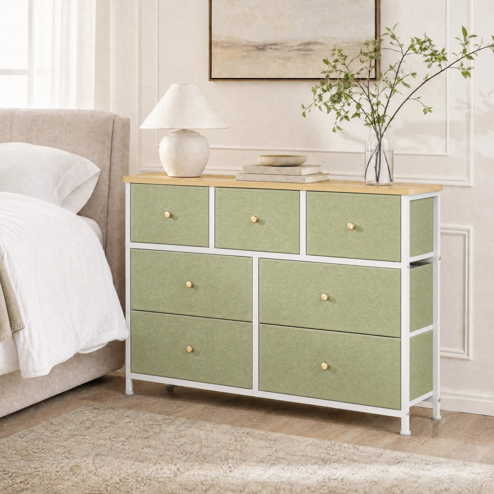 Telyra 7-Drawer Fabric Dresser TV Stand Organizer with Wood Top and Metal Frame Wide Storage Chest, Light Green