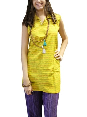 Mogul Women’s Long Yellow Kurta with Green Yellow Sanskrit Mantra Print Sleeveless Cotton Boho Chic Yoga Tunic S