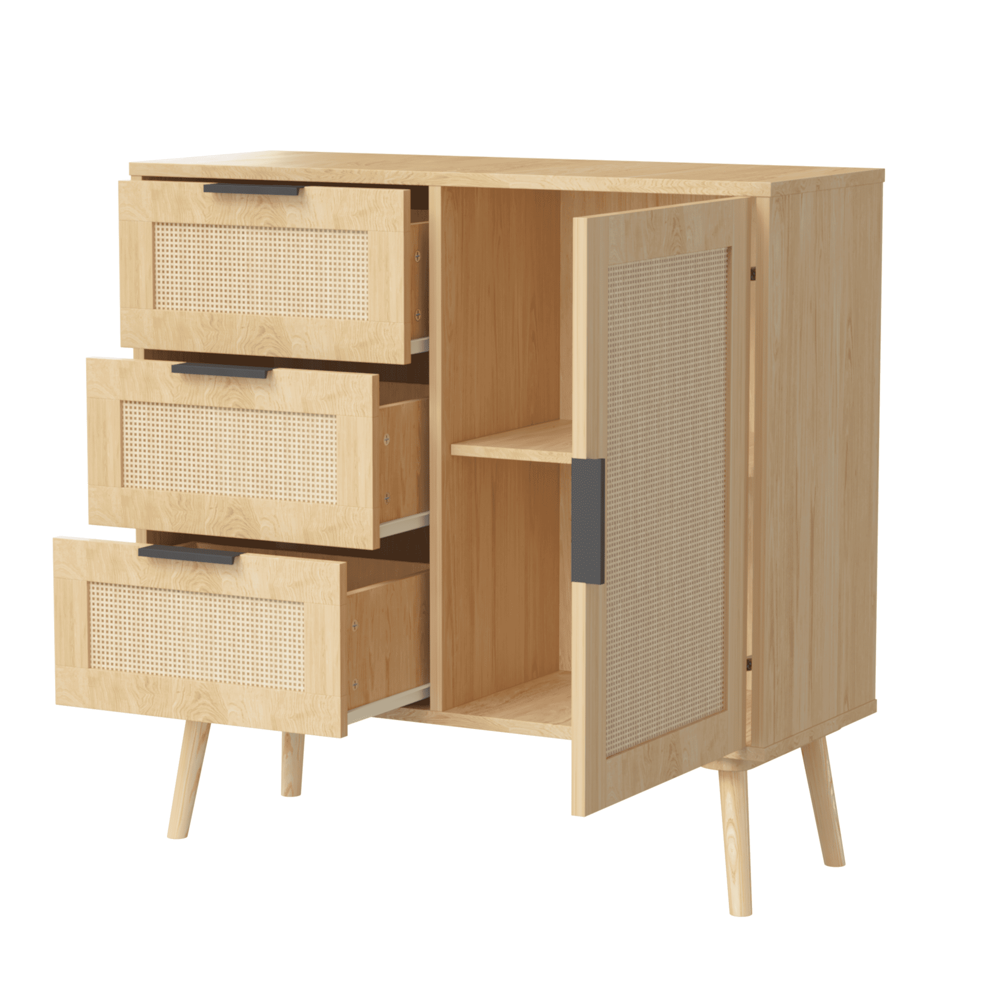 Rattan Wood Storage Cabinet Sideboard with Drawers and Adjustable Shelf for Bedroom, Living Room, Entryway, Hallway