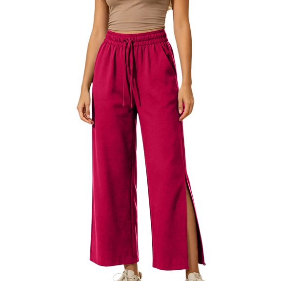 Levmjia Women's High Waisted Wide Leg Pants with Drawstring Side Pockets Front Slit Flowy Pants Casual Yoga Lounge Trousers for Summer